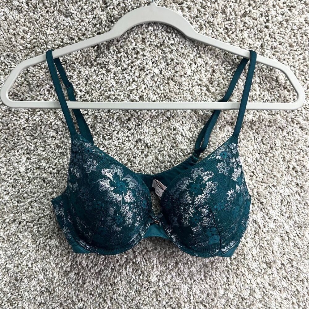 Victoria’s Secret Bra Women’s 34C Body Perfect Shape Green & Silver‎ Floral Lace